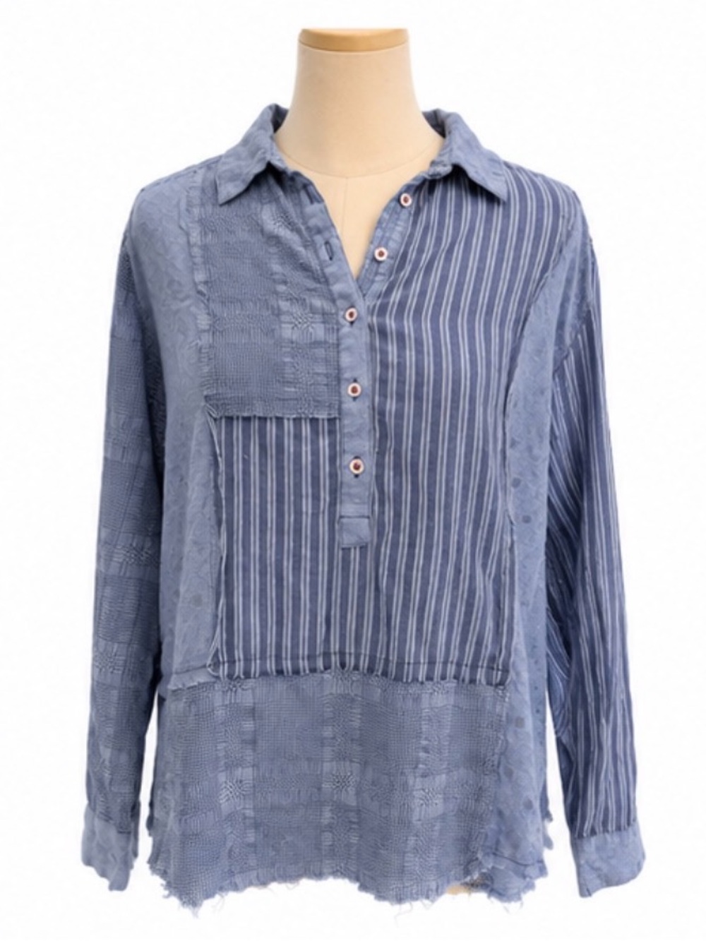 Sundance Blue Patchwork Cotton Button Front Shirt Size PM